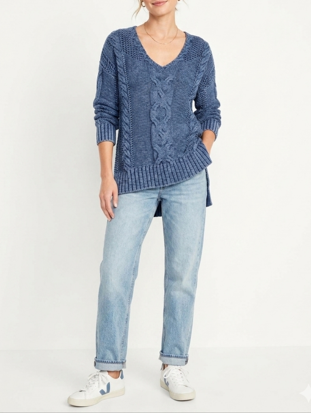Pilcro Cotton Vneck Blue Washed Cableknit Sweater Fisherman